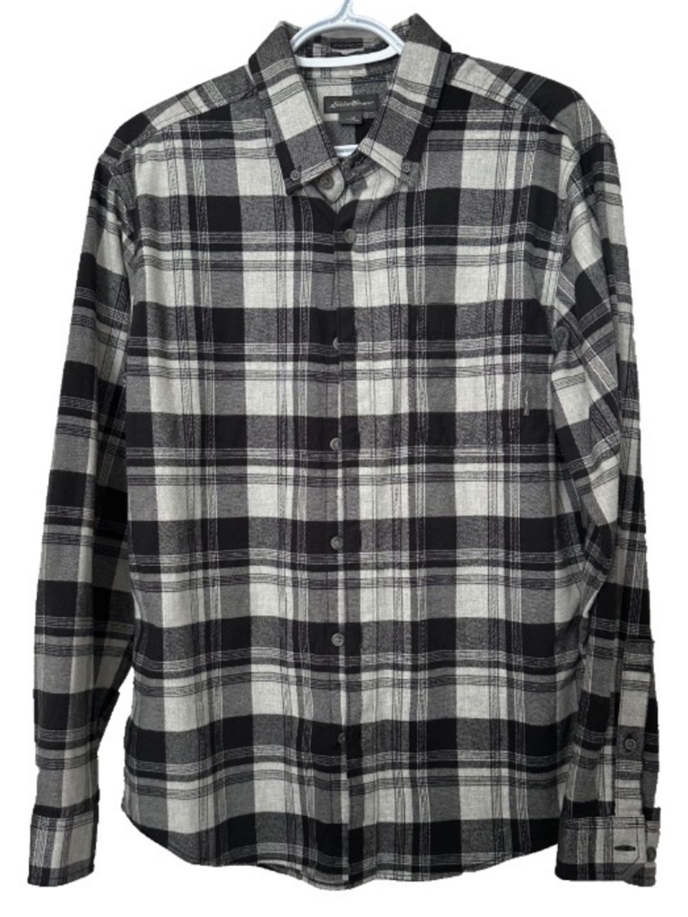 Eddie Bauer Men's SZ M 100% cottonFlannel Shirt Black,Gray and Beige Plaid
